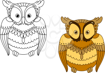 Cartoon owl with retro stylized brown and yellow feathers and facial disk including another variant with colorless outline bird, for Halloween theme design