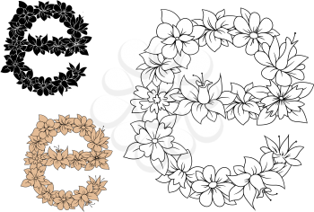 Floral small letter E with lush blooming flowers and curved leaves in outline style, including brown and black color letters