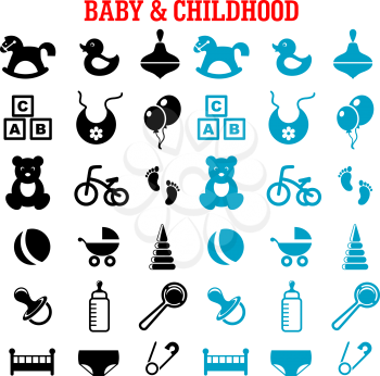 Baby, childish and childhood icons set with blue and black flat icons of toys, diaper, bottle, pacifier, rattle, stroller, cubes, ball, bed, bib, bicycle and rocking horse 