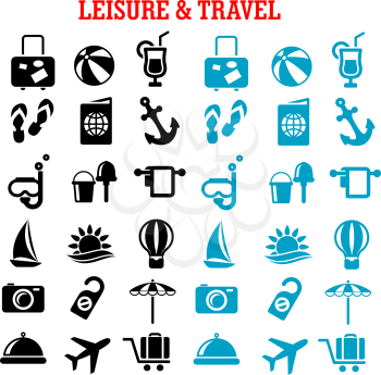 Travel and leisure flat icons set with airplane, luggage, passport, sun, sea, hotel services, sailboat, anchor, cocktail, beach umbrella and toys, photo camera, diving mask, hot air balloon