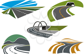 Forked road, mountain highways with tunnel and steep turn, road bridge and speed freeway with blue sky, for transportation industry or travel theme icon design