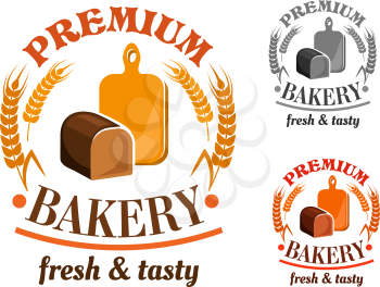 Bakery shop emblem or sign with rye bread loaf in front of wooden cutting board, framed by wheat and rye and headers Premium Bakery, Fresh and Tasty