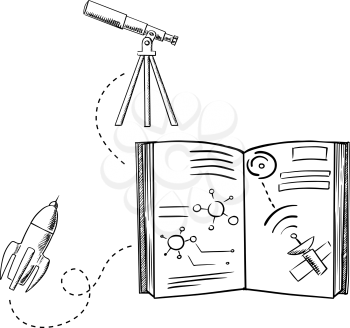 Rocket or space shuttle, telescope on tripod and standing open book with satellite, solar system and planets, for education, space or astronomy design. Sketch