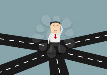 Cartoon confused businessman on crossroad choosing future direction to success or business strategy, for alternative choice concept design