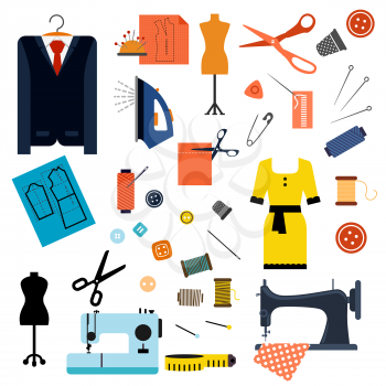 Sewing and tailoring flat icons with sewing machines, needles, scissors, pins, buttons, threads, iron, thimbles, mannequins, measuring tape, elegant dress and suit