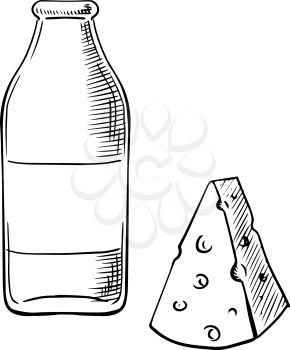 Fresh healthy farm milk in bottle and piece of cheese with holes sketches, for dairy product or natural food design