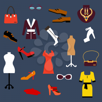 Fashion clothing and accessories flat icons set with woman and man shoes, elegant dresses and jacket, luxury jewelries, bags, glasses, beret and vintage mannequins