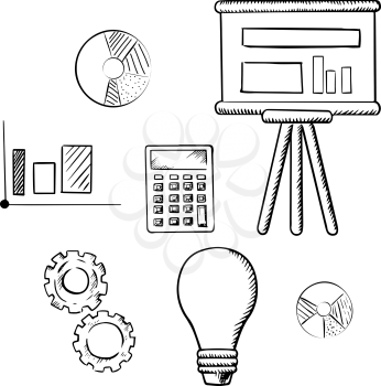 Flip chart with graphs, pie charts, bar graph, calculator, idea light bulb and gears sketch icons. For business report, presentation and meeting concept design