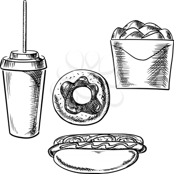 Fast food sketches with box of fried chicken, hot dog, takeaway paper cup of soda and chocolate frosted doughnut