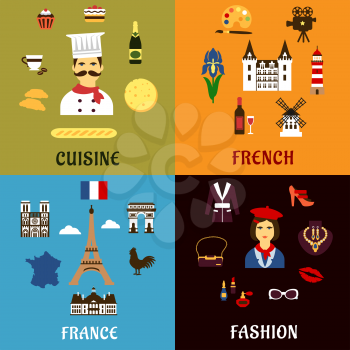 France travel, tourism, journey and landscape flat icons with french culture, architecture, history, fashion, cuisine and national symbols