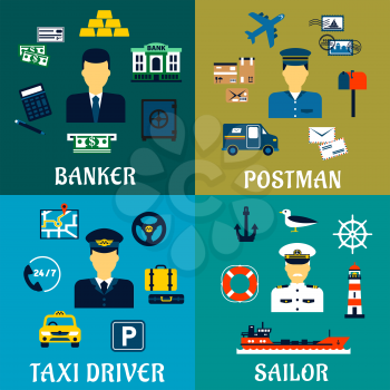 Banker, taxi driver, postman and sailor professions flat icons of men in uniforms with banking, transportation, postal and marine symbols 