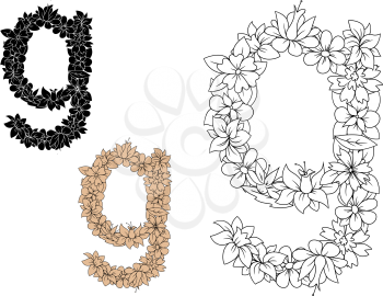 Colorless floral alphabet lowercase letter g, decorated by flowers and herbs, for romantic font design