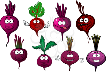 Cartoon beet vegetables characters with purple taproots, green haulms and happy faces. For vegetarian food or agriculture theme