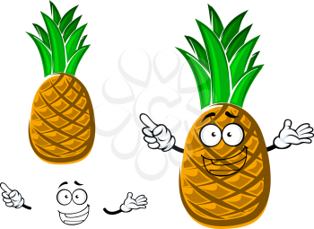 Funny tropical cartoon pineapple fruit character with scaly yellow peel and spiny green leaves, isolated on white