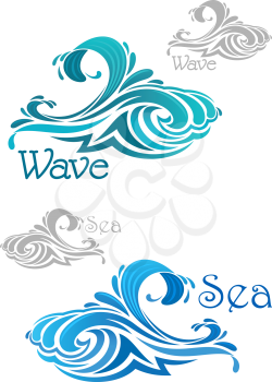 Curling sea and ocean waves icons with teal and blue water swirls, text Wave and Sea. For nature or ecology theme, or power concept design