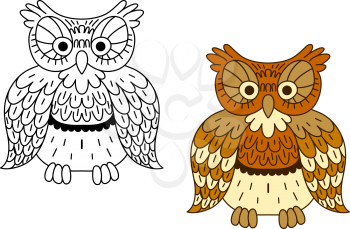 Cartoon owl bird with retro stylized brown motley feathers, second variant in outline colorless style. For Halloween theme design