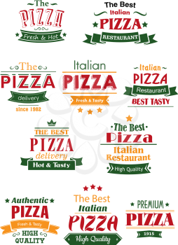 Tasty pizza cafe or restaurant headers or signboards design with headers Italian, High Quality, Delivery, Best, Fresh. Adorned by ribbon banners, stars, crowns and calligraphic elements
