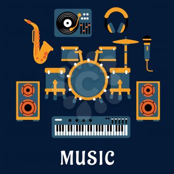 Musical instruments and sound equipment with drum set, headphone, saxophone, microphone, synthesizer, dj turntable and loudspeakers flat icons with caption Music bellow