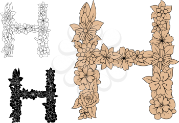 Flourish alphabet font of capital letter H, adorned by blooming flowers and leaves, for monogram or romantic design