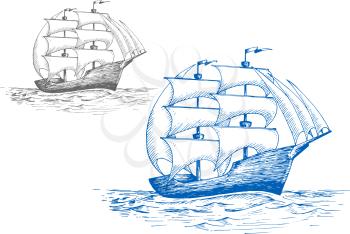 Old sailing brig under full sail on the stormy sea, for marine travel or pirate adventure themes design. Sketch style
