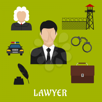 Lawyer profession flat icons with man in black suit with briefcase, police car, judge, handcuff, ink with feather pen, prison watchtower with wire mesh wall
