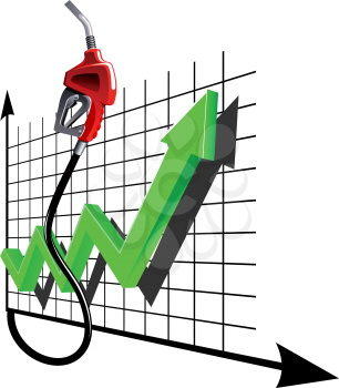 Red gasoline pump nozzle with line chart green arrow. Indicates increasing dynamics of fuel prices, for gas and oil industry themes design 