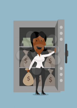 Cartoon african american businesswoman opening the door of bank safe with money bag in hand, for money safety design