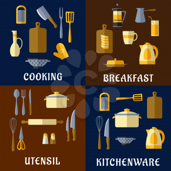 Cooking utensil and kitchenware flat icons of pots, kettles, knives, tea and coffee pots, cutting boards, spatulas, forks, spoons, graters, whisks and other tools