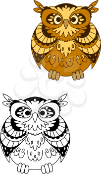 Retro stylized owl bird mascot with funny feathers and round eyes in outline cartoon style, for education or Halloween theme design