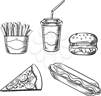 Fast food sketches with hamburger, slice of pizza, french fries, hot dog and paper takeaway cup of soda drink, for takeout menu design  