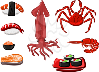 Fresh salmon steak, sushi rolls and sashimi, crab, shrimp, red caviar and squid seafood  set in cartoon style. For menu or recipe book design