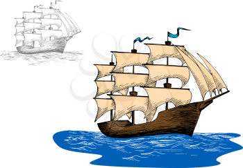 Old wooden sailing ship with full sails in calm blue ocean, for marine or adventure design