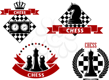 Chess game sporting emblems and icons with chessboard, queen, king, knight, pawns pieces and clock, supplemented by ribbon banners, laurel wreath and crown