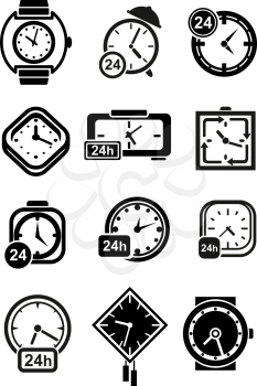 Clocks black icons of wall and table clocks, wristwatches and alarm clocks with 24 hours signs