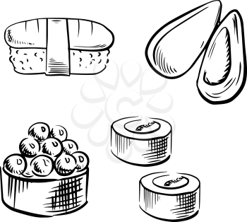Fresh appetizing sea mussel, sushi rolls with salmon, caviar and nigiri sushi with tuna. Sketch icons for seafood design