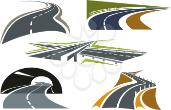Modern freeway icons with overpass interchange, highway tunnel, bypass rural roads and mountain road over precipice. For travel or car trip design