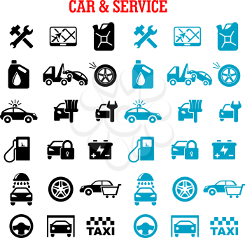 Transportation, car and service flat icons set with car sale, towing, paint, washing, repair, tire service, taxi, fuel jerrycan, gas station, wheel, navigation, battery, traffic police and security sy