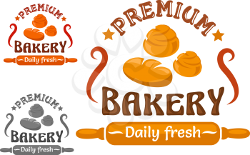 Bakery or pastry shop sign with round loaves of wheat bread and sweet buns, decorated by stars and rolling pin with text Daily Fresh 