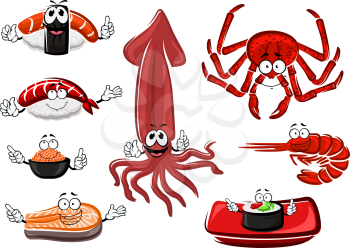 Cartoon fresh sushi rolls and sashimi, crab, salmon steak, shrimp, red caviar and squid characters for seafood theme design