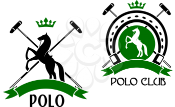 Polo club sporting emblems with rearing up horses, crossed mallets and horseshoe on the background, decorated by crowns and ribbon banners