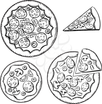 Whole and sliced italian pizza sketches with different toppings, such as cheese, pepperoni, salami, mushrooms, tomatoes, olives and parsley