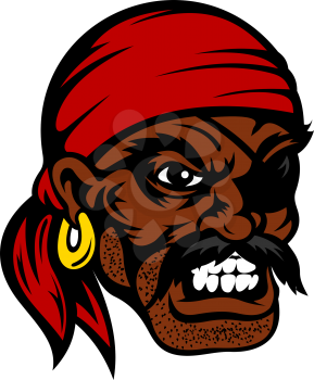 Growling cartoon african american pirate face with eye patch, red bandana and gold earring, for nautical or marine adventure themes design
