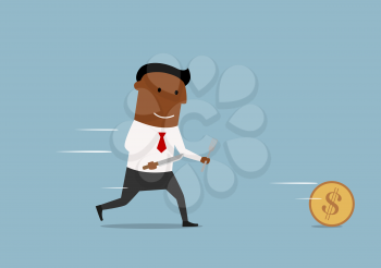 Running cartoon black businessman chases golden dollar coin with fork and knife in hands, for finance theme design