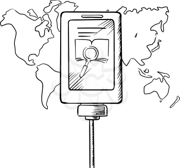 Tablet pc icon with magnifying glass on a display with world map on the background. Sketch image for search internet technology theme design