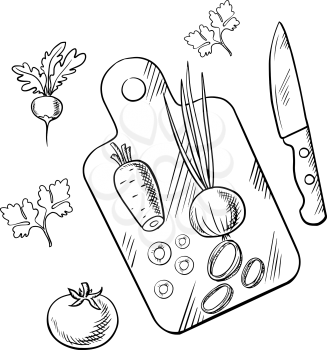 Fresh farm tomato, carrot, green onion and radish vegetables on cutting board with knife and parsley stems. Cooking process sketch image for vegetarian menu or recipe book design