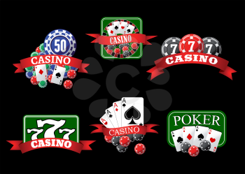 Casino icons with poker hands of aces cards, gambling chips, jackpot lucky triple seven and roulette table, decorated by red ribbon banners