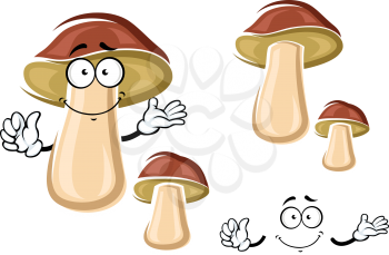 Ripe autumnal brown boletus mushroom cartoon character with cheerful smile isolated on white, for healthy vegetarian food theme design