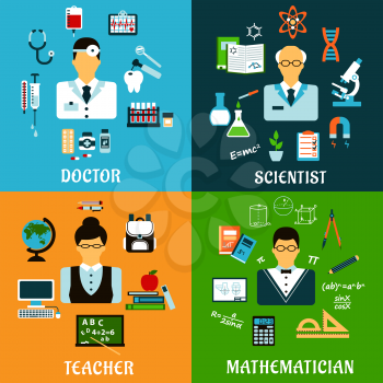 Medicine, education and science professions flat icons of doctor with drugs, teacher and mathematician with school supplies, scientist with laboratory equipment