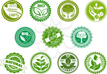 Bio, eco, organic and natural products green labels with tree, leaves, pant, apple, hands and water drop, framed by round frames. For healthy food and drink theme design