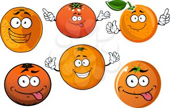 Sweet juicy oranges fruits cartoon characters with bright peel and joyful teasing faces, for agriculture or food design